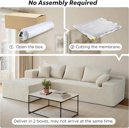Sectional Cloud Boneless Couch for Living Room Bedroom, Comfy Modern L Shaped Modular Sofa with Left Facing Chaise, Deep Seat Memory Foam Couch in Box, No Assembly (Fine Striped Corduroy, Beige)