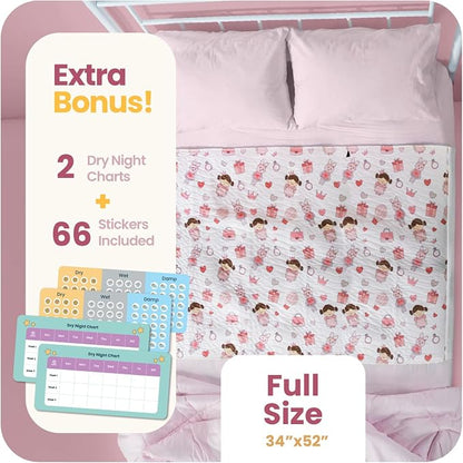IMPROVIA® Pee Pads for Kids - Bed wetting Pads for Kids Potty Training Bed mats for Toddlers Waterproof Reuseable Washable Absorbent, Non Slip - Doll Design - Full Size 34"x52"