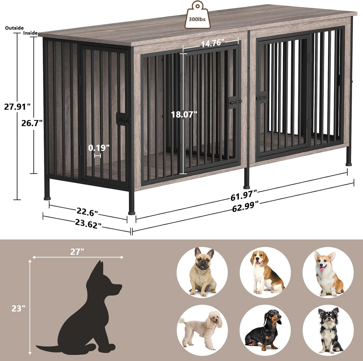 EasyCom 63" Dog Cage Furniture for 2 Pets with Divider, XL Wooden Double Dog Crate Furniture TV Stand for Mideum Breed, Durable and Sturdy