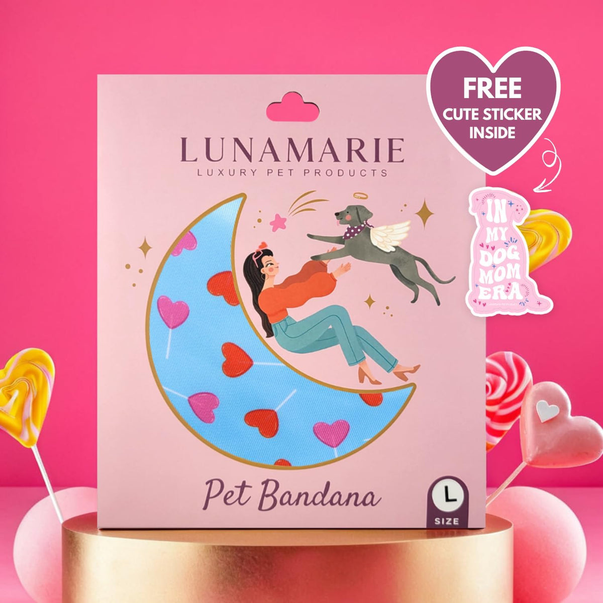 LunaMarie - Luxury Pet Birthday Bandanas -Premium & Silky Poly Fabric | 100% Handmade | Custom Shape Dual Layered (LoviePop, X-Small)