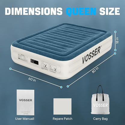 VOSSER Queen Air Mattress with Built-in Pump,18''Fast & Easy Inflation/Deflation Inflatable Mattress, Foldable Blow Up Mattress with Storage Bag, Inflatable Bed for Home, Camping & Guests
