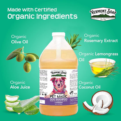 VERMONT SOAP Organics Pet Shampoo - Infused with Organic & Natural Olive Oil, Coconut & Aloe Vera Dog Shampoo for Sensitive Skin - USDA Certified Grooming, Lavender (64oz)