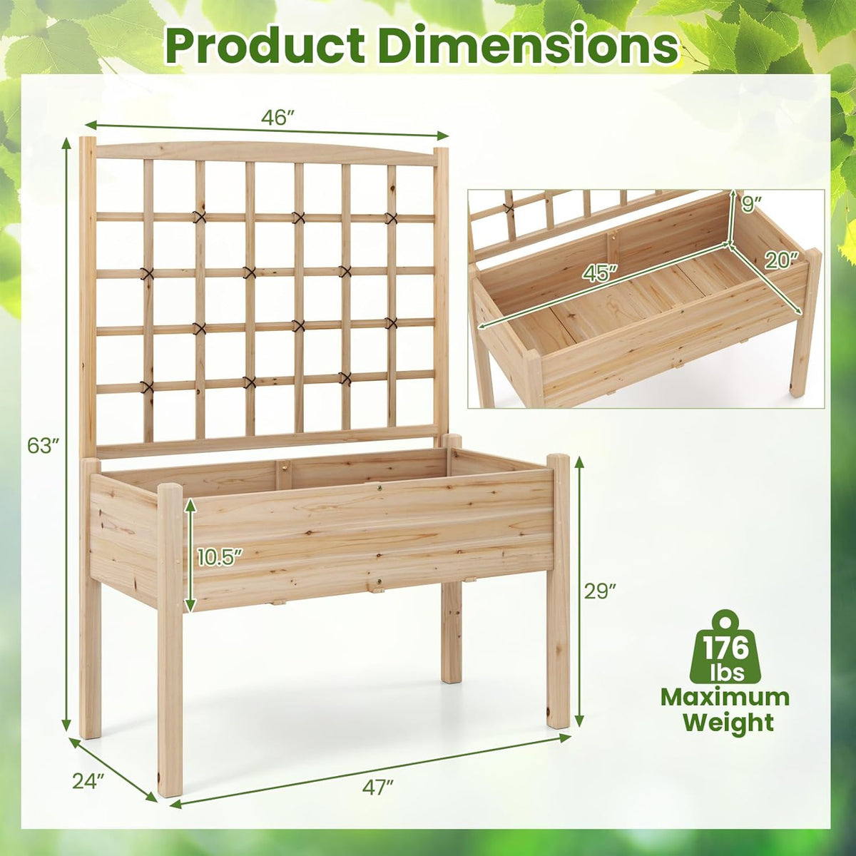 Giantex Raised Garden Bed with Trellis, Wooden Elevated Planter Box with Legs, Drainage Holes for Climbing Plants Vines Vegetables Flowers Herbs, Outdoor Horticulture Planter for Patio Yard (Natural)