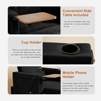 ORRD Convertible Chair Bed, 3-in-1 Multi-Functional Velvet Sleeper Sofa Pull-Out Couch Chair Bed with Adjustable Backrest and Hidden Side Table for Living Room, Small Space, Apartment (Black)