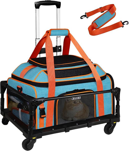 Top-Expandable Pet Carrier with Wheels Airline Approved, Blue | 19"L x 13"W x 9"H, for Southwest Allegiant Airlines, Lockable Safety Zippers and Anti-Scratch Mesh, Pets Under 12 Lbs