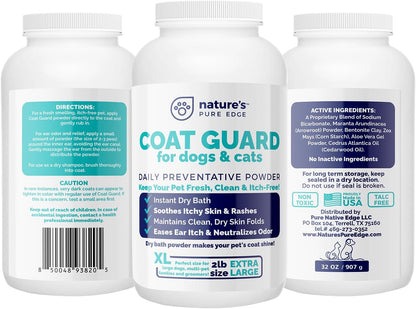 Coat Guard Dry Shampoo for Dogs and Cats - Extra Large 2 lbs Jar, Dog Dry Shampoo Powder, Waterless Dog Shampoo, Anti Itch Relief, Cedar Scented, Anti Dandruff, Hot Spots, Nature's Pure Edge