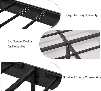 Farmhouse Wooden Bed Frame Queen Size with Storage Headboard, Boho Platform Bedframe with LED Lights and Charging Station, Metal Slats Support, No Box Spring Needed, Black