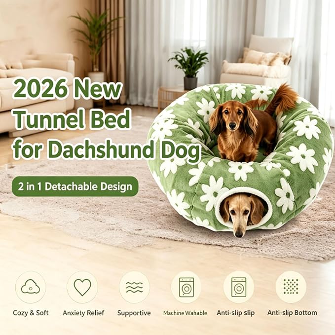 2026 New Tunnel Bed for Dachshund Dog,Dachshund Tunnel Bed - Flower Design Plush Foldable Dog Bed,Cat TunnelBed for Indoor Cats Tunnel Donut with Cushion and Play Ball,2 in 1,Detachable (D)