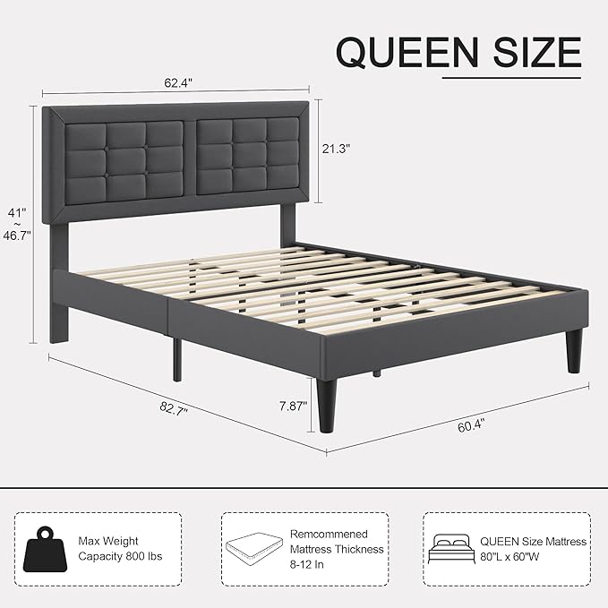 VECELO Queen Size Bed Frame with Adjustable Headboard, Upholstered Button Tufted Platform Bedframe with Wood Slats Support, No Box Spring Needed, Linen Fabric & Grey