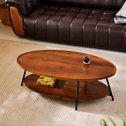AGV Oval Coffee Table with Shelf Storage, 2-Tier Walnut Wood Finish Center Table for Living Room, Modern Asymmetrical Metal Legs, Raised Edge Sofa Table