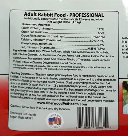 Sherwood Pet Health Adult Rabbit Food Professional 10 lbs, Grain and Soy-Free for Better Digestion