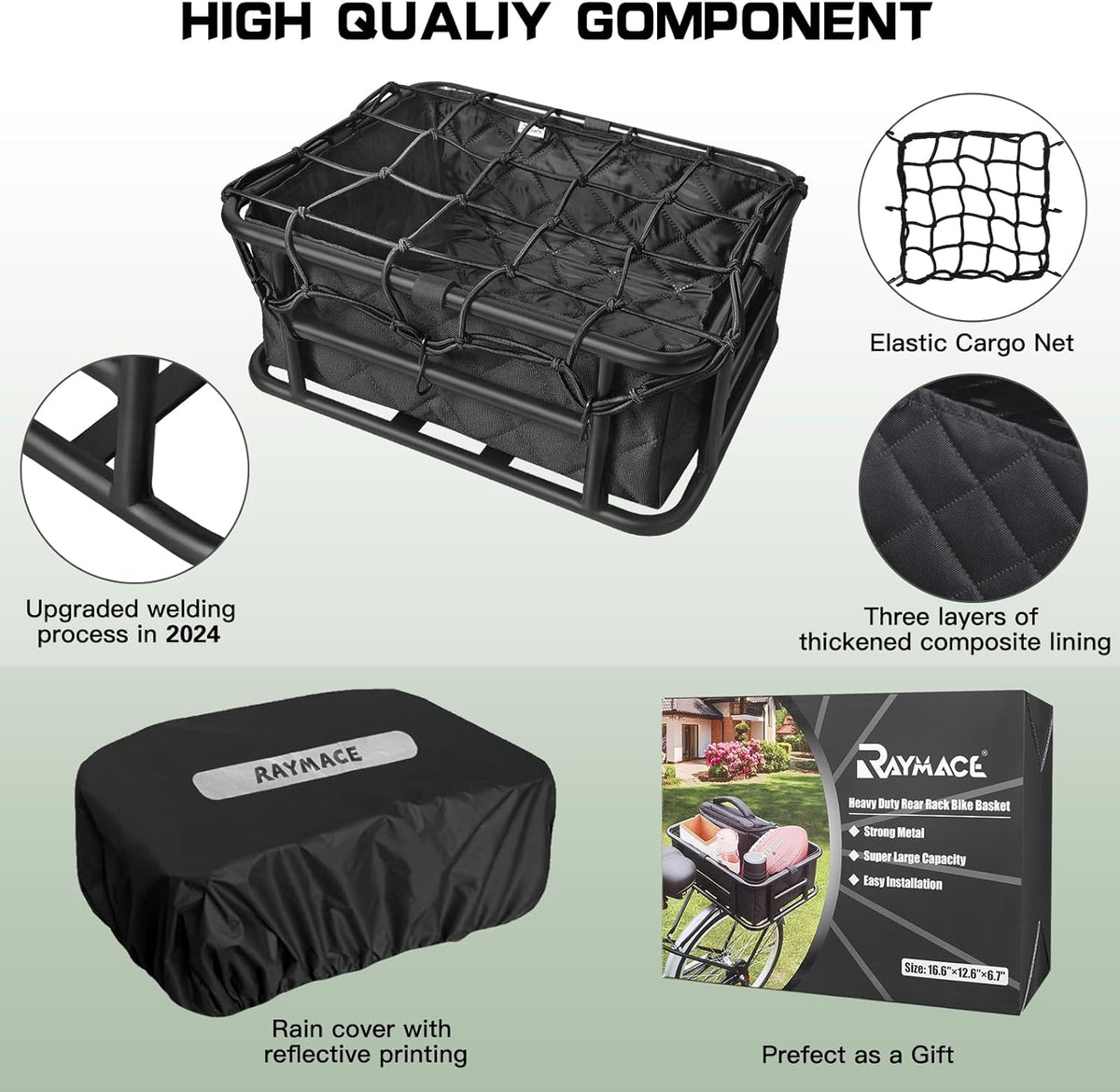 RAYMACE Rear Rack Bike Basket with Cargo Net and Liner Large Bicycle Basket Perfect Mount for Electric Bike