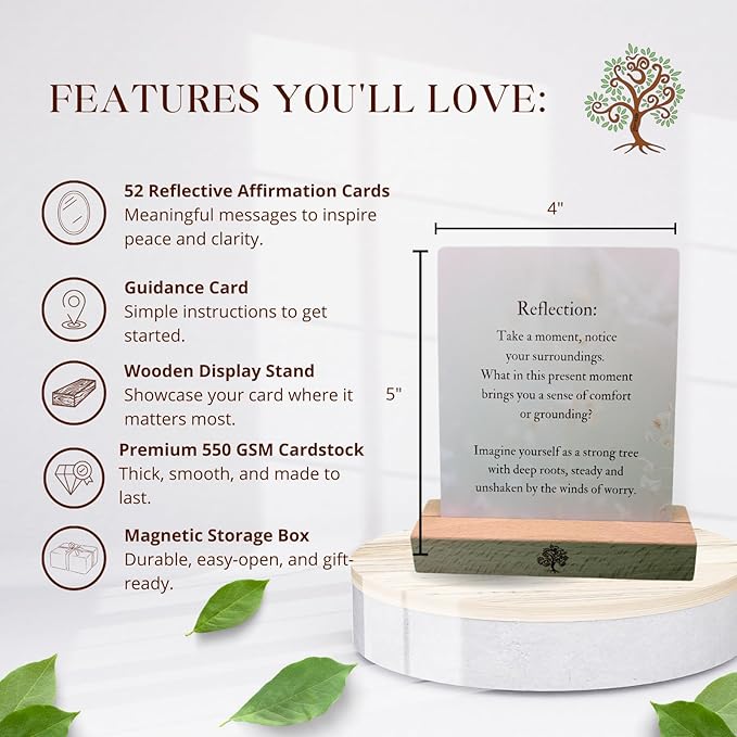 52 Positive Affirmation Cards with Wooden Stand - Daily Mindfulness & Self-Love for Stress Relief, Mental Health Inspiration, Emotional Balance & Weekly Reflection on Your Journey