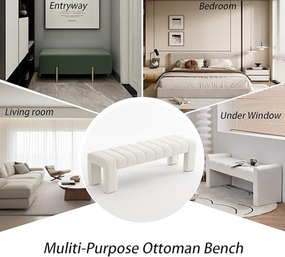 AIITTCC Velvet End of Bed Bench Upholstered Modern 59" Bedroom Bench for King Bed Bench Tufted Window Bench Comfy Long Ottoman for Living Room/Entry/Indoor (Ivory White, 59" Wide)