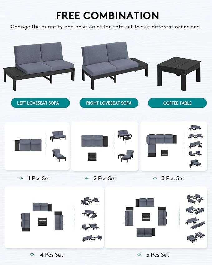SERWALL HDPE Outdoor Furniture Set, 6 Seats Outdoor Sectional with Coffee Table, Outdoor Conversation Sets with Adjustable Backrest Sofa for Deck, Yard and Balcony, Black Frame with Grey Cushion