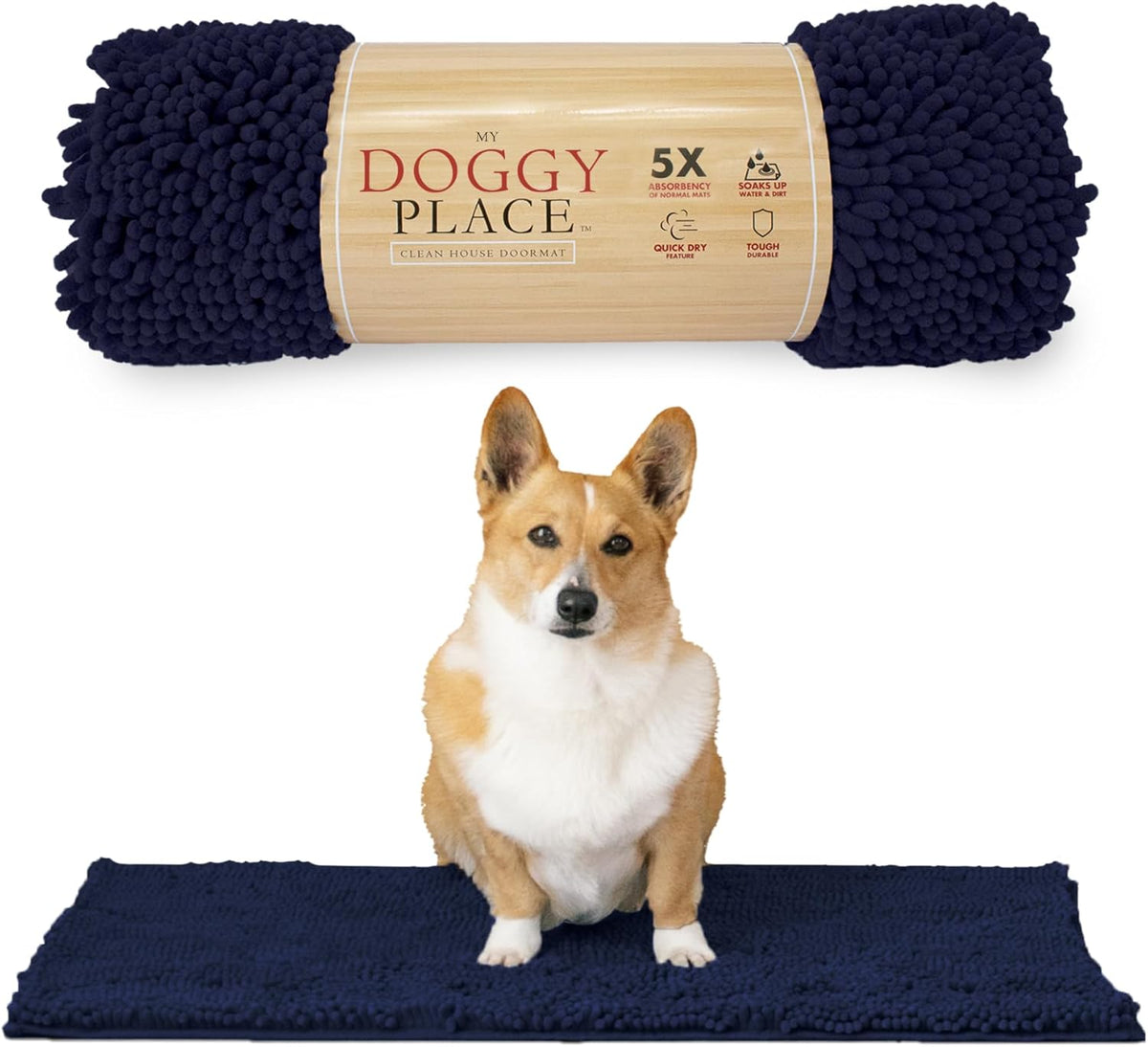 My Doggy Place Microfiber Dog Mat for Muddy Paws, 31" x 20" Navy Blue - Absorbent and Quick-Drying Dog Paw Cleaning Mat, Washer and Dryer Safe - Non-Slip Rubber Backed Dog Floor Mat, Medium