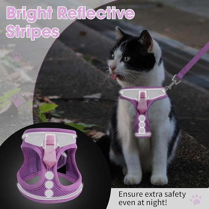 Cat Harness and Leash Set for Walking Escape Proof, Soft Adjustable Kitten Harness Breathable Mesh with Reflective Strips Harness for Kitty Puppy Bunny(Purple,S)