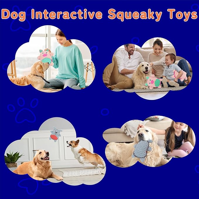 Crinkle Dog Toys Squeaky Plush No Stuffing Cute Puppy Stuffless Tough Rop Pull Toy, Fun Dog Stuffed Animals Durable Chew Set for Small Medium Large Pup (Large, Pink Pig+Blue Dog)