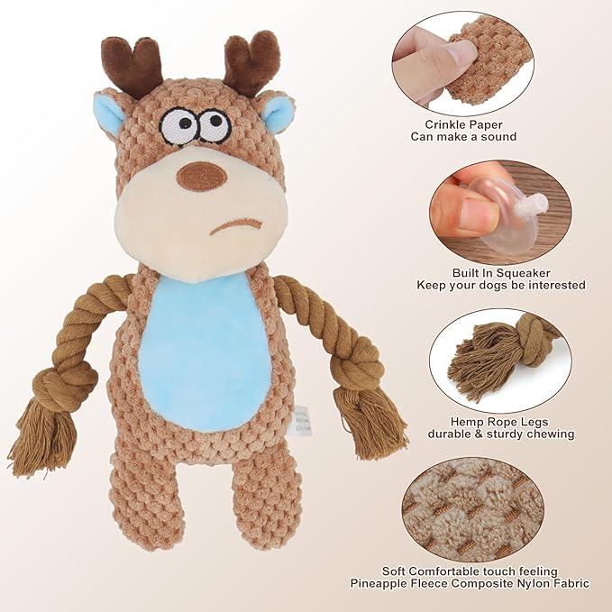 Dog Toys, Dog Squeaker Toys with Crinkle Paper, Stuffed Animal Dog Plush Chewing Toy, Cotton Rope Interactive Toys for Puppy, Small, Middle Dogs (Camel-Colored Elk)
