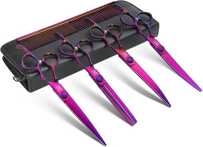 JASON Professional 6 in 1 Dog Shears Kit - 6.5" Thinning, 7" Straight, 7" Up-Curved, 7" Down-Curved Scissors and Comb for Cat, Pet with Adjustable Screw (Purple)