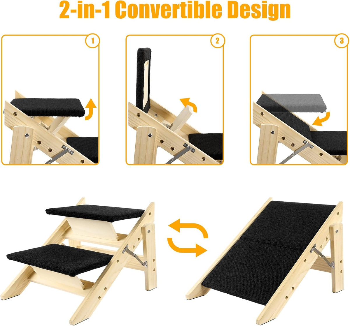 Foldable Dog Stairs/Ramp with 2 Steps - Durable Wooden Pet Stairs for Small, Medium, Large Dogs - Black (No Assembly Required)