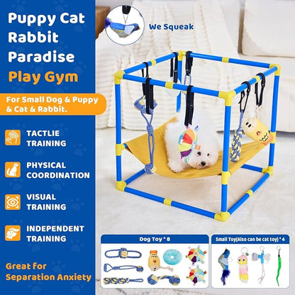 Puppy Play Gym with 12 Hanging Toys, 2-in-1 Dog Play Gym & Hammock, Adjustable Puppy Enrichment Toys for Small Dogs/Cat, Interactive Activity Center, Indoor Playground for Teething (23.6")