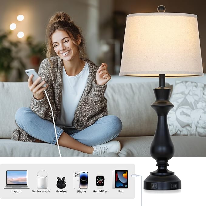 Modern Black Table Lamp for Living Room,30" Tall Bedside Lamp with USB Charging Port,3-Way Dimmable Touch Nightstand Lamp for Bedroom Desk Side Table Office,Black-1P