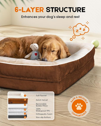 Upvilla Orthopedic Dog Bed, Four-Sided Small Dog Sofa, Washable Cover Brown | Removable Waterproof Dog Bed Cover, Egg-Crate Orthopedic Foam, Built-In Carry Handle, Indoor Small Pet Beds, Cat Beds