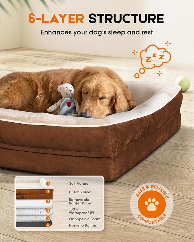 Upvilla Orthopedic Dog Bed XL, Four-Sided Dog Sofa, Washable Cover, Brown | Removable Waterproof Dog Bed Cover, Egg-Crate Orthopedic Foam, Built-In Carry Handle, Indoor Large Pet Beds, Cat Beds