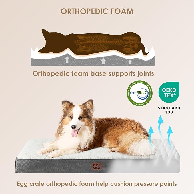 EHEYCIGA Orthopedic Dog Bed Large with Removable Washable Cover, 36IN Beige | Egg Crate Foam Support, Durable Oxford fabric, Non-Slip Bottom, Machine Washable, Soft Waterproof Plush Pet Bed Mat For Crate