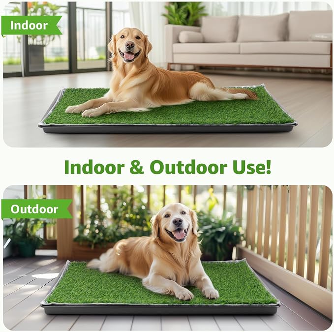 LOOBANI Large Dog Grass Pad with Tray - 41x27in for Balcony Apartment | Dog Potty with 2 Artificial Grass & 2 Washable Pee Pads for Replacement, Quick-Absorbency, Easy to Clean, Indoor/Outdoor Use