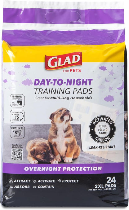 Glad for Pets Giant Activated Carbon Training Pads, 30 x 36 In, 24 Ct, 2-Pk | Adhesive backing and wall protection for leak-proof, super-absorbent day-to-night coverage