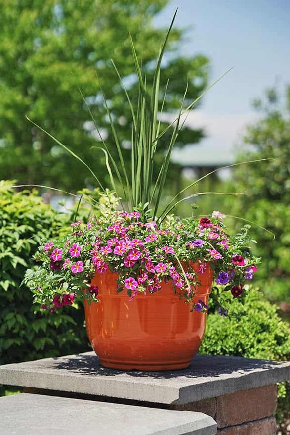 Garden Elements Indoor/Outdoor Glazed Brushed Happy Plastic Planter, Large, Bright Orange, 15" (Pack of 2)