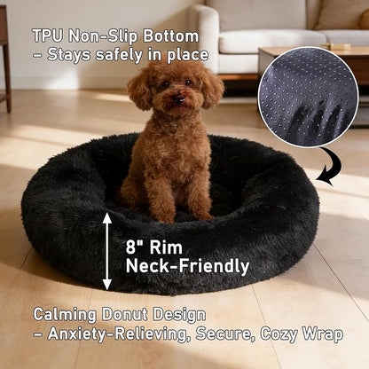 Calming Donut Dog Bed Medium Size Dog - Washable Removable Cover Non-Slip Bottom, Round Pet Bed Cat Bed Warming Fluffy Plush Faux Fur Anti-Anxiety, Fits up to 45 lbs (Black, 30")