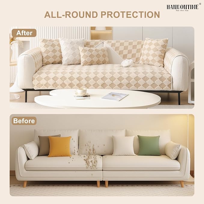 HANDONTIME Non-Slip Pet Couch Cover Washable, Plush Faux Fur Couch Protector for Cushion Pet-Friendly Sofa Covers for Dogs, Checkered Diamond Sectional Covers Dog Mat for Sofa (Khaki, 35.6" x 82.7")
