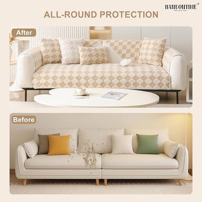 HANDONTIME Non-Slip Pet Couch Cover Washable, Plush Faux Fur Couch Protector for Cushion Pet-Friendly Sofa Covers for Dogs, Checkered Diamond Sectional Covers Dog Mat for Sofa (Khaki, 35.6" x 94.5")