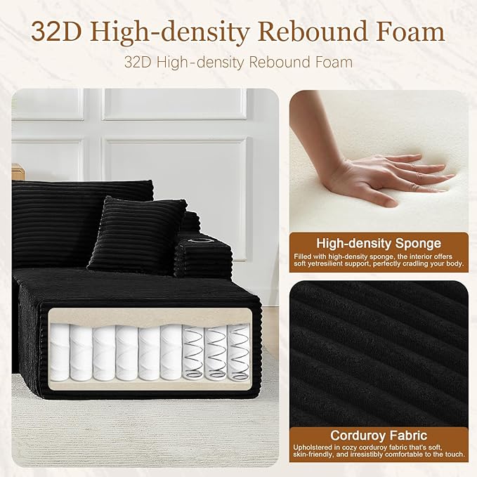 134 Inch Modular Sectional Sleeper Sofa, Boneless Cloud Couch for Living Room, U Shaped 5 Seat Sofa with 2 Storage Pockets& 2 Cup Holders, Free Combination, No Assembly Required (Black)