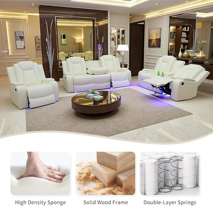 Toseslo Power Recliner Sofa Set, Leather 3 Pieces Sectional Couch, Living Room Furniture Sets with LED Light, Modern Power Reclining Sofa Sets with Storage Console for Living Room(Creamy White)