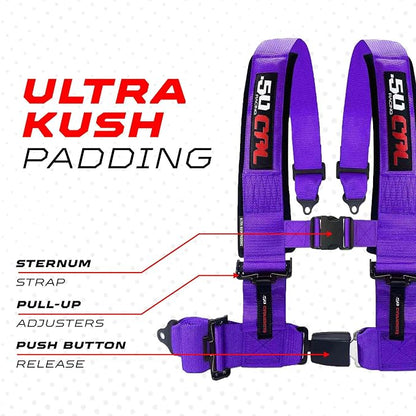 1pc 50 Cal purple 4 Point Harness 3in Straps, Racing Harness Seat Belt | Ultra Kush padding, Push Button quick release hardware. Universal Fit for UTV, RZR, race car.