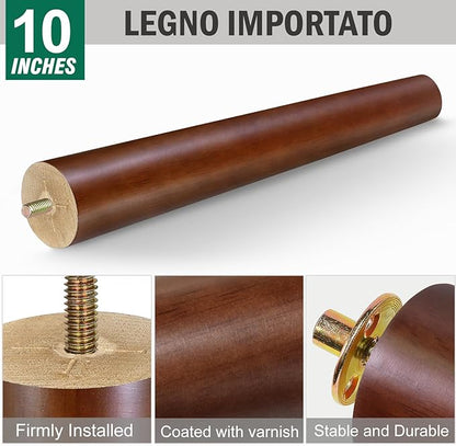 FoDau770 Brown Rubber Wood Furniture Legs 10 Inches, Straight Tapered Wood Feet Mid Century Sofa Legs Set of 4, 5/16" UNC Furniture Feet for Cabinet Couch Dresser Chair Ottoman Table