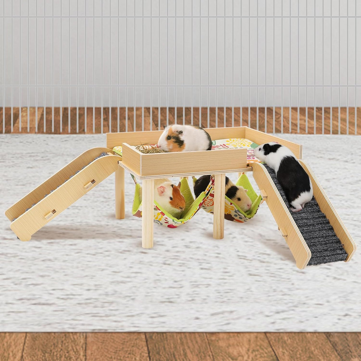 MEWTOGO Guinea Pigs Hammock with Platform, Wooden Guinea Pig Hideout with Stairs, Safe and Durable Small Pet Bed for Piggies Chinchilla Rat Hamster Bunny (Double Hammocks)