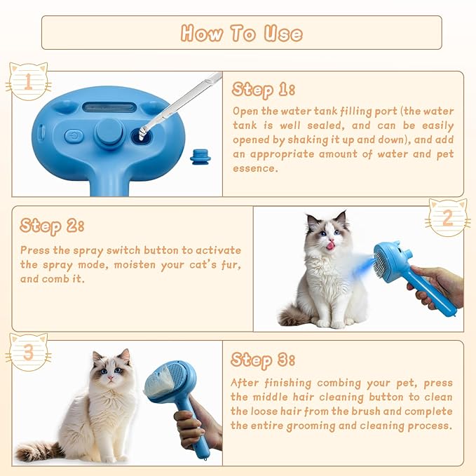 5-in-1 Pet Steam Brush for Cats & Dogs – Grooming, Shedding, Massage & One-Touch Clean for Short & Long Hair Pets – Electric Cat Brush with Comb & Steam (Blue)