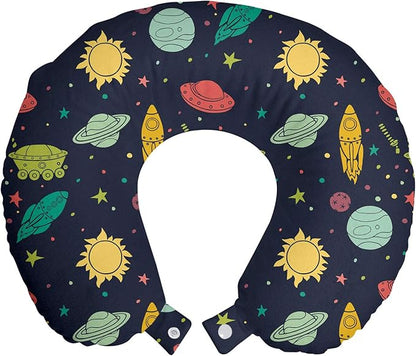 Ambesonne Outer Space Travel Pillow Neck Rest, Galaxy Themed Image with Stars Planets Spacecrafts and Rockets, Memory Foam Traveling Accessory for Airplane and Car, 12", Multicolor