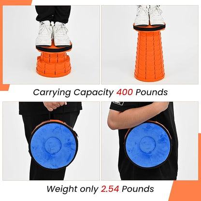 FXKS 2 Pack Upgraded Collapsible Stool Folding Stool with Cushion,Retractable Folding Stool Max Load Capacity 400lbs, Portable Telescoping Stools for Camping Hiking Outdoor BBQ -Orange