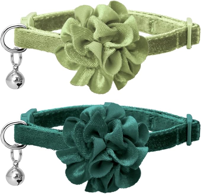 azuza 2 Pack Cat Collar Floral with Bell and Removable Flower Bowtie Breakaway Adjustable Velvet Fabric Cat Collar for Pets and Daily Decoration, Christmas Green & Light Green