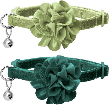 azuza 2 Pack Cat Collar Floral with Bell and Removable Flower Bowtie Breakaway Adjustable Velvet Fabric Cat Collar for Pets and Daily Decoration, Christmas Green & Light Green