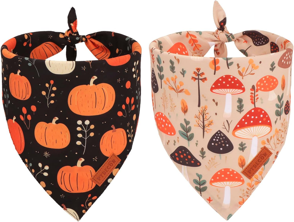 PTDECOR Fall Dog Bandana, Pumpkin Mushroom Design Scarf Reversible Holiday Dog Scarf, Triangle Thanksgiving Bandanas for Large X-Large Dogs (X-Large)