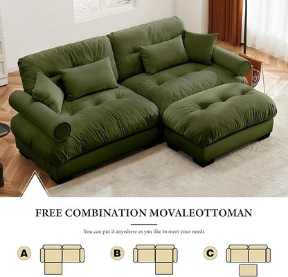 93.7" Loveseat Sofa, 2 Seater Modular Sectional Sofa, Olive Large L Shaped Sectional Couches for Living Room, Fluffy Couch, Love Seat, Velvet Cloud Couch with Ottoman, Deep Seat Sofas for Living Home