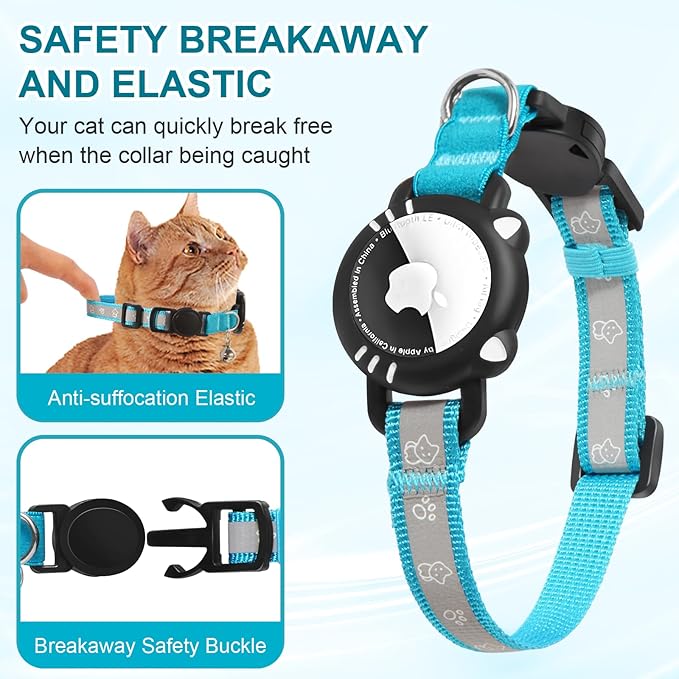 Airtag Cat Collar, Reflective Cat Collar with Apple Air Tag Holder, Breakaway GPS Tracker Pet Collar with Bell for Cat Kitten, Airtag Not Included, Blue, XS(7-9 Inch)