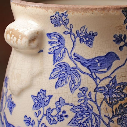 English Country Ceramic Planter, 6.7" Chinoiserie Vase & Utensil Holder | Vintage Crock Flower Pot with Drainage for Indoor & Outdoor Use, Rustic Farmhouse Kitchen & Garden Decor Gift (Blue Bird)